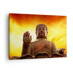 Cuadro sobre lienzo - Impresión de Imagen - Una estatua de Buda contra un cielo dorado al atardecer. - 70x50cm - La calma del mundo - Decoración de pared moderna para salón y dormitorio ARTTOR