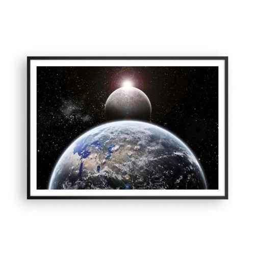 Póster en marco negro - El planeta Tierra y la Luna con el espacio exterior estrellado como telón de fondo. - 100x70cm - Paisaje cósmico - amanecer - Decoración de pared moderna para salón y dormitorio ARTTOR