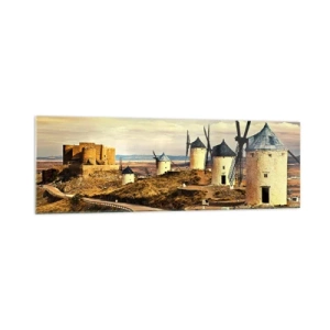 Cuadro sobre vidrio - Impresiones sobre Vidrio - Molinos de viento en las colinas con un castillo histórico al fondo - 160x50cm - Don Quijote los vio - Decoración de pared moderna para salón y dormitorio ARTTOR