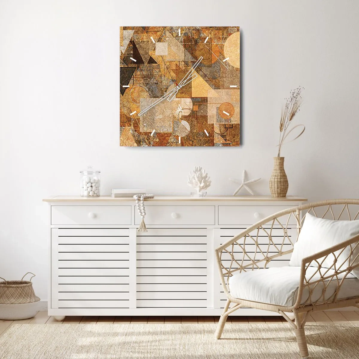 Reloj de pared - Reloj de vidrio - Figuras geométricas abstractas en tonos cálidos. - 30x30cm - Estudio cubista en bronce - Decoración de pared moderna para salón y dormitorio ARTTOR