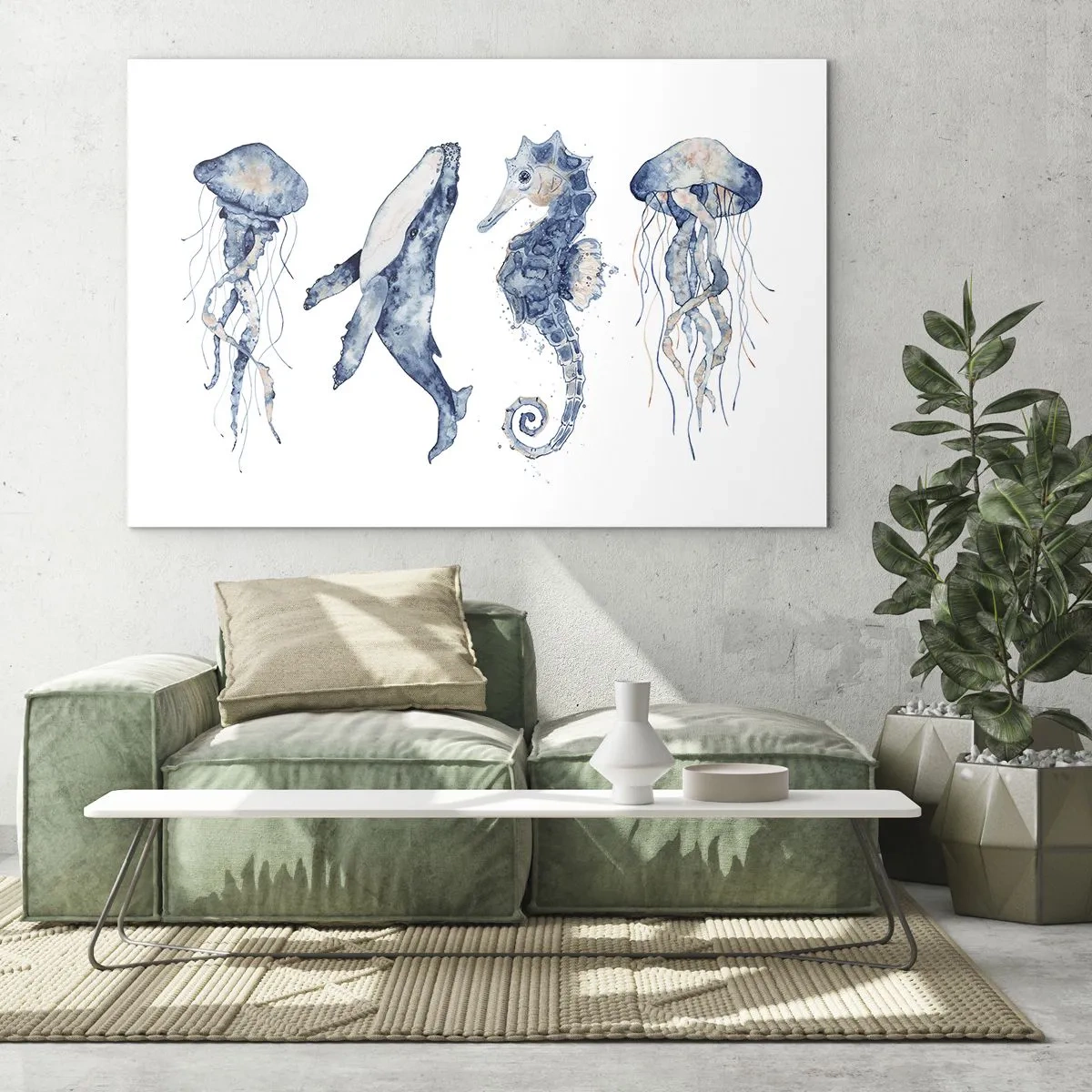 Cuadro sobre vidrio - Impresiones sobre Vidrio - Criaturas marinas en un delicado estilo de acuarela. - 70x50cm - Fauna marina - Decoración de pared moderna para salón y dormitorio ARTTOR
