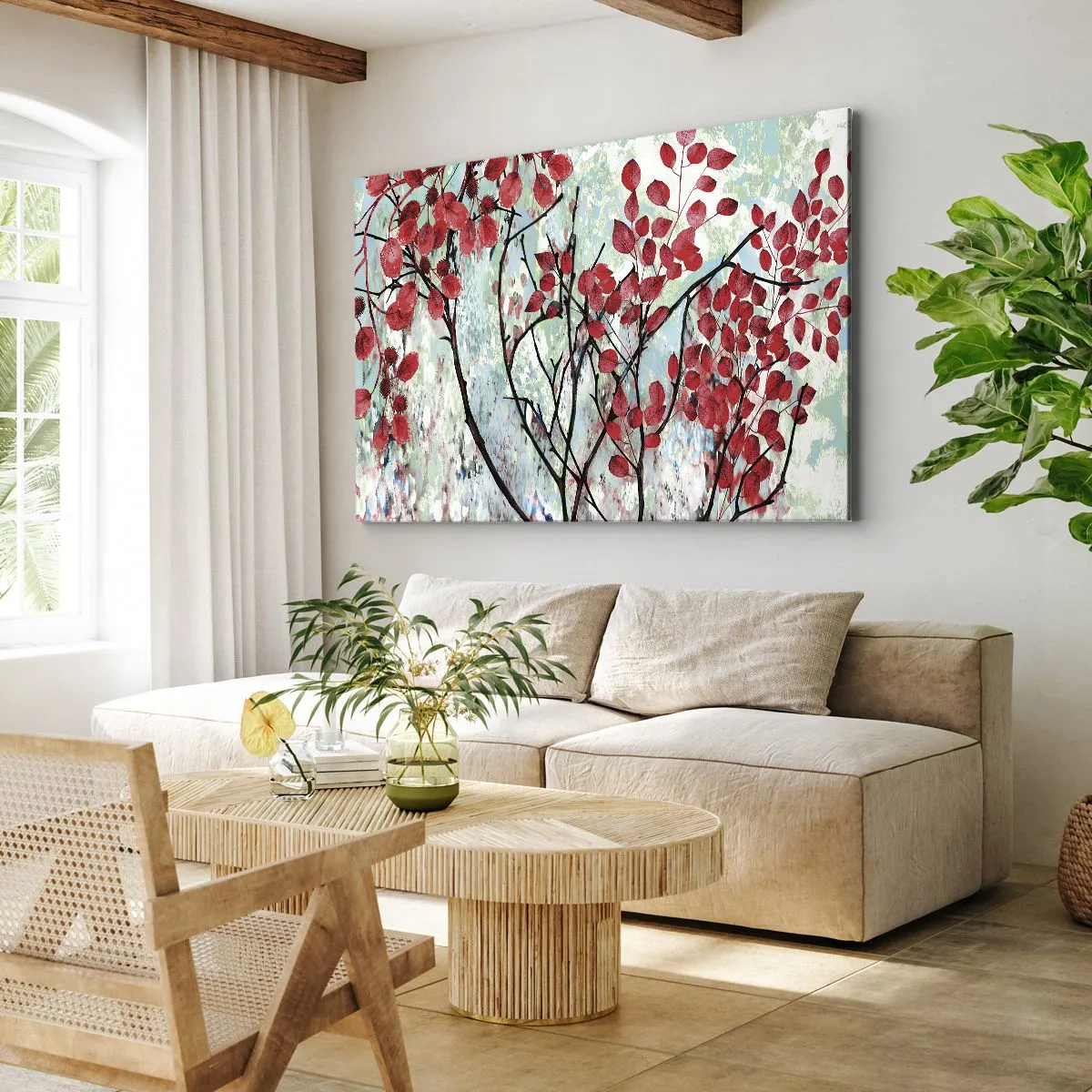 Cuadro sobre lienzo - Impresión de Imagen - Hojas rojas contra un cielo brillante con patrones abstractos. - 70x50cm - Un árbol en escarlata - Decoración de pared moderna para salón y dormitorio ARTTOR