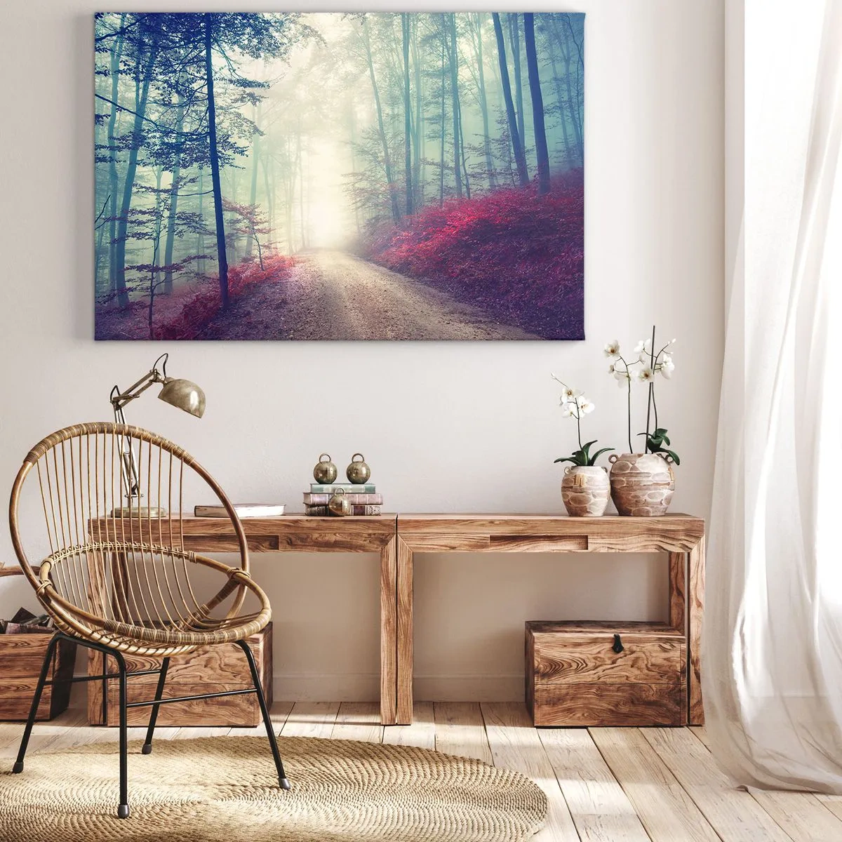 Cuadro sobre lienzo - Impresión de Imagen - Un sendero forestal mágico rodeado de árboles y niebla. - 120x80cm - Qué bueno es levantarse al amanecer - Decoración de pared moderna para salón y dormitorio ARTTOR