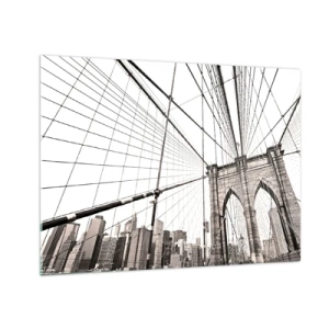 Cuadro sobre vidrio - Impresiones sobre Vidrio - Un puente colgante con un panorama de la ciudad al fondo en sepia. - 70x50cm - Catedral de Nueva York - Decoración de pared moderna para salón y dormitorio ARTTOR