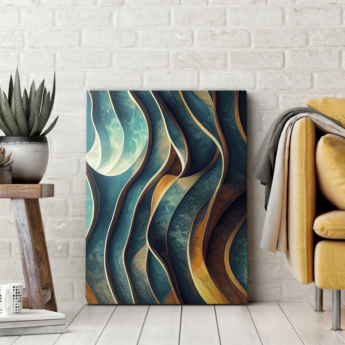 Cuadro sobre lienzo - Impresión de Imagen - Ondas abstractas en tonos turquesa y dorado - 80x120cm - Meandros de azul - Decoración de pared moderna para salón y dormitorio ARTTOR