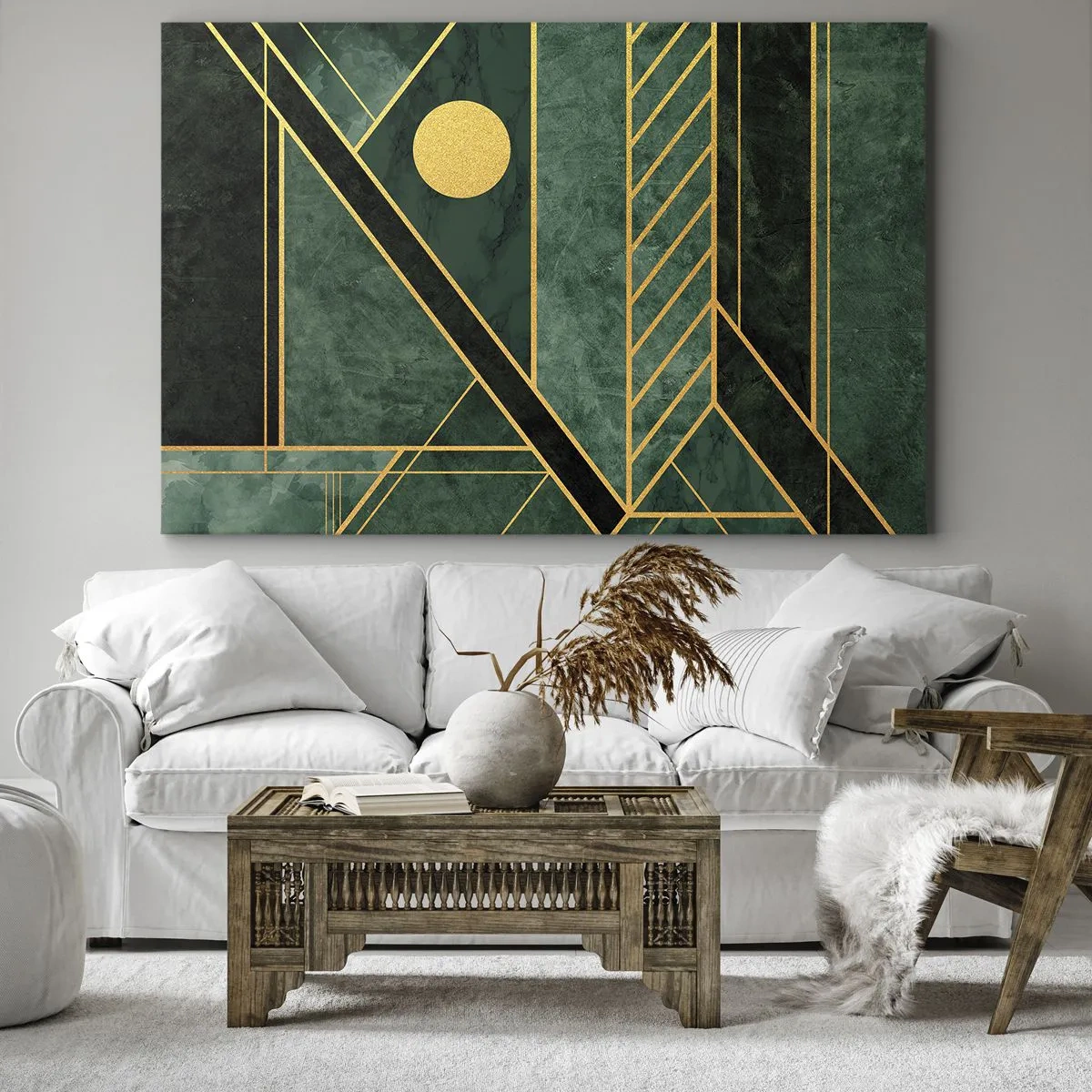 Cuadro sobre lienzo - Impresión de Imagen - Diseño geométrico verde y dorado con un patrón elegante. - 70x50cm - La dinámica del oro y el azul - Decoración de pared moderna para salón y dormitorio ARTTOR