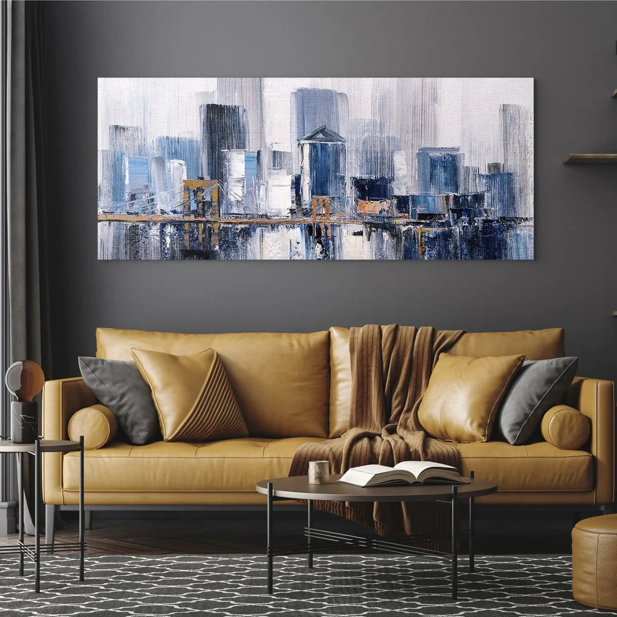Cuadro sobre vidrio - Impresiones sobre Vidrio - Panorama abstracto de la ciudad con tonos de azul y amarillo - 160x50cm - Impresión neoyorquina - Decoración de pared moderna para salón y dormitorio ARTTOR
