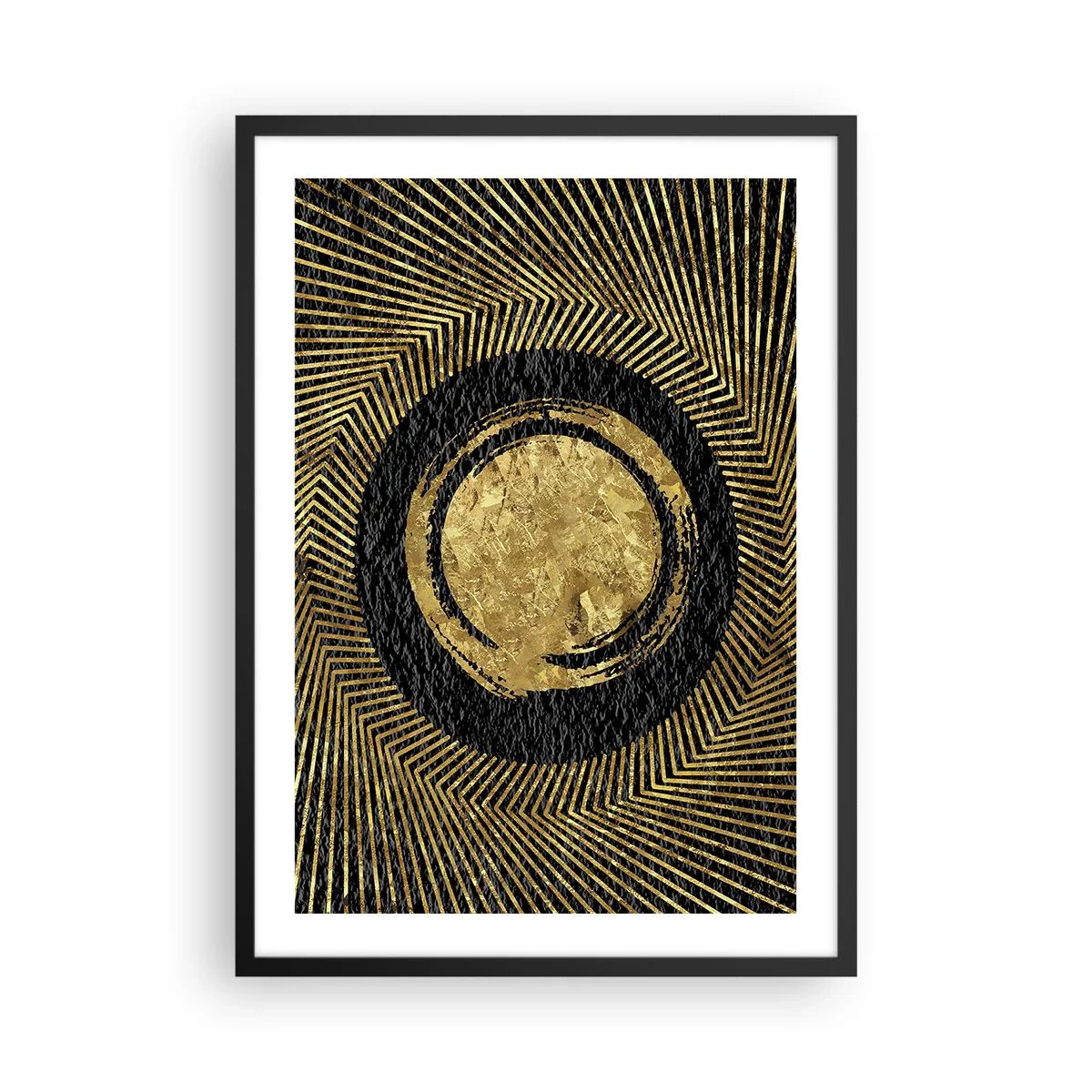 Póster en marco negro - Abstracción geométrica dorada sobre fondo negro. - 50x70cm - Composición glamour - Decoración de pared moderna para salón y dormitorio ARTTOR