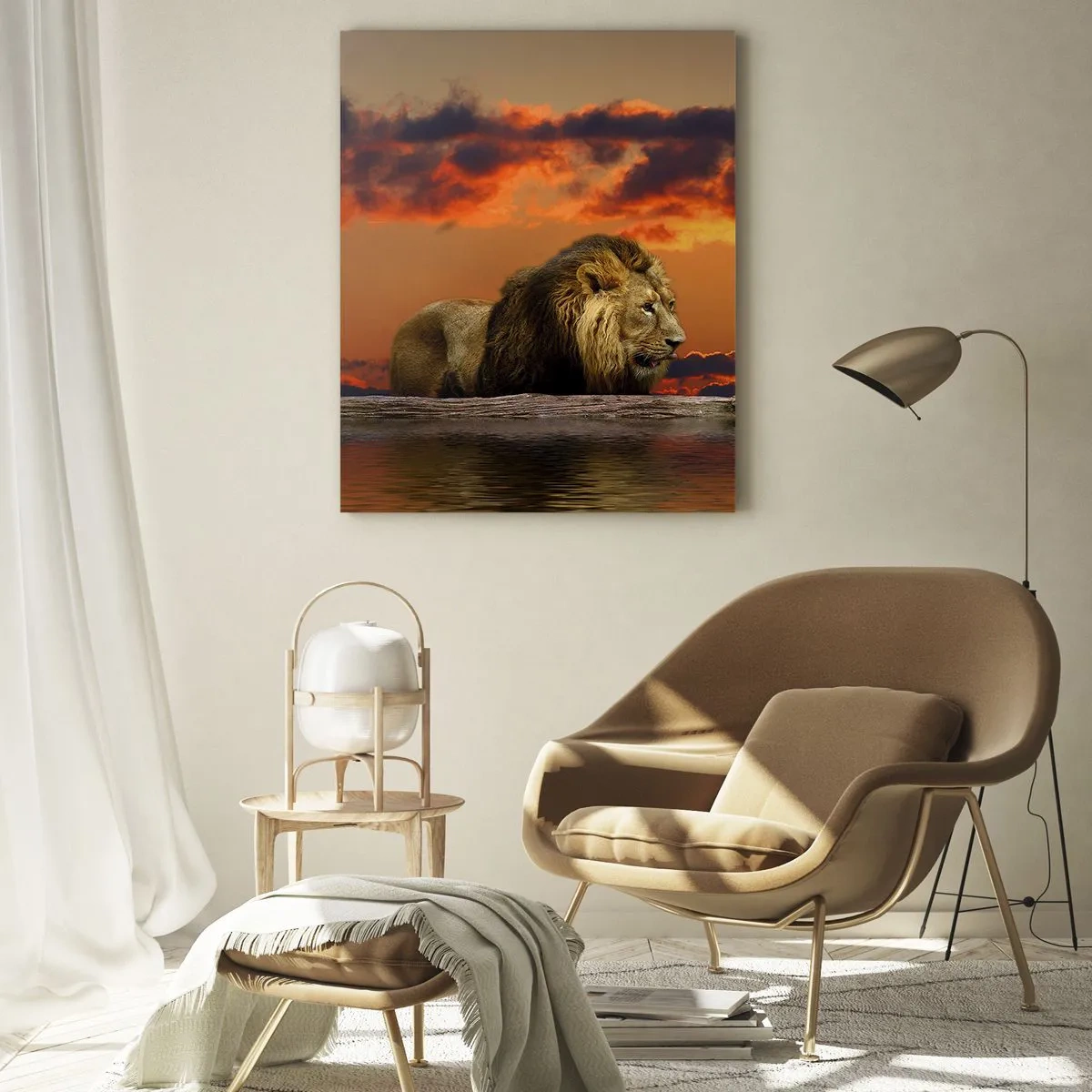 Cuadro sobre vidrio - Impresiones sobre Vidrio - Un león con el sol poniente como telón de fondo - 50x70cm - Rey de la naturaleza - Decoración de pared moderna para salón y dormitorio ARTTOR