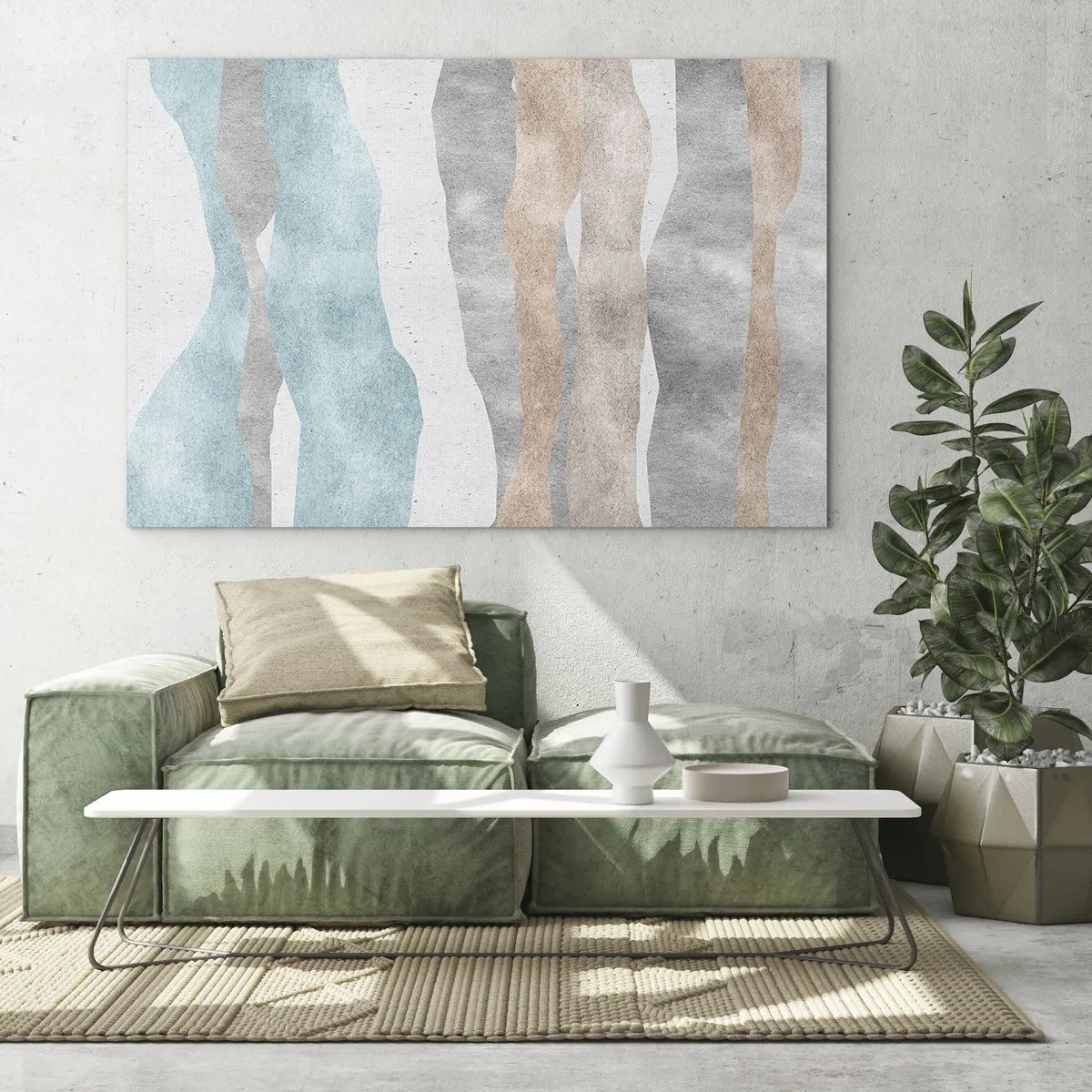 Cuadro sobre vidrio - Impresiones sobre Vidrio - Rayas delicadas en tonos beige y azul. - 120x80cm - Un estudio de la cercanía - Decoración de pared moderna para salón y dormitorio ARTTOR