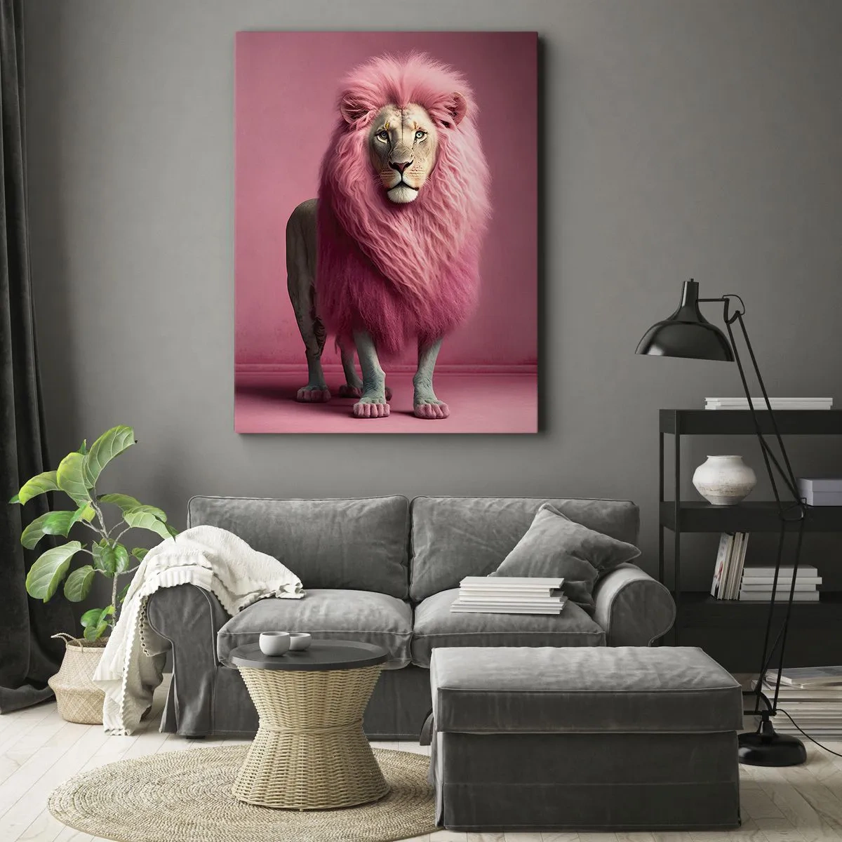 Cuadro sobre lienzo - Impresión de Imagen - Un león artísticamente representado con una melena rosa sobre un fondo rosa. - 80x120cm - Y ya no me tienes miedo - Decoración de pared moderna para salón y dormitorio ARTTOR