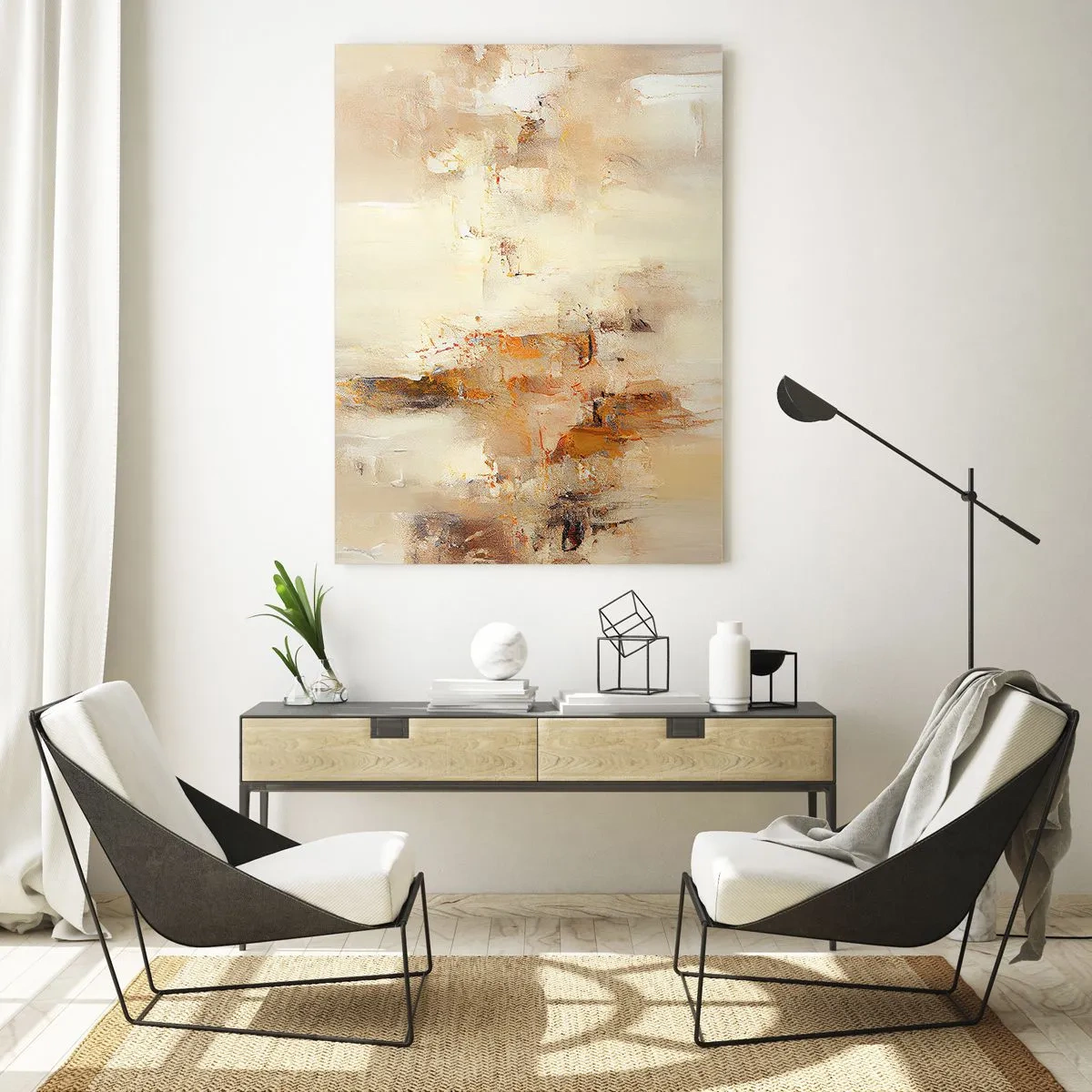 Cuadro sobre vidrio - Impresiones sobre Vidrio - Abstracción en tonos ámbar, beige y marrón. - 50x70cm - El alma del ámbar - Decoración de pared moderna para salón y dormitorio ARTTOR