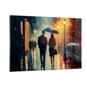 Cuadro sobre vidrio - Impresiones sobre Vidrio - Una pareja con paraguas caminando por una calle mojada por la noche. - 120x80cm - Historia de amor urbana - Decoración de pared moderna para salón y dormitorio ARTTOR