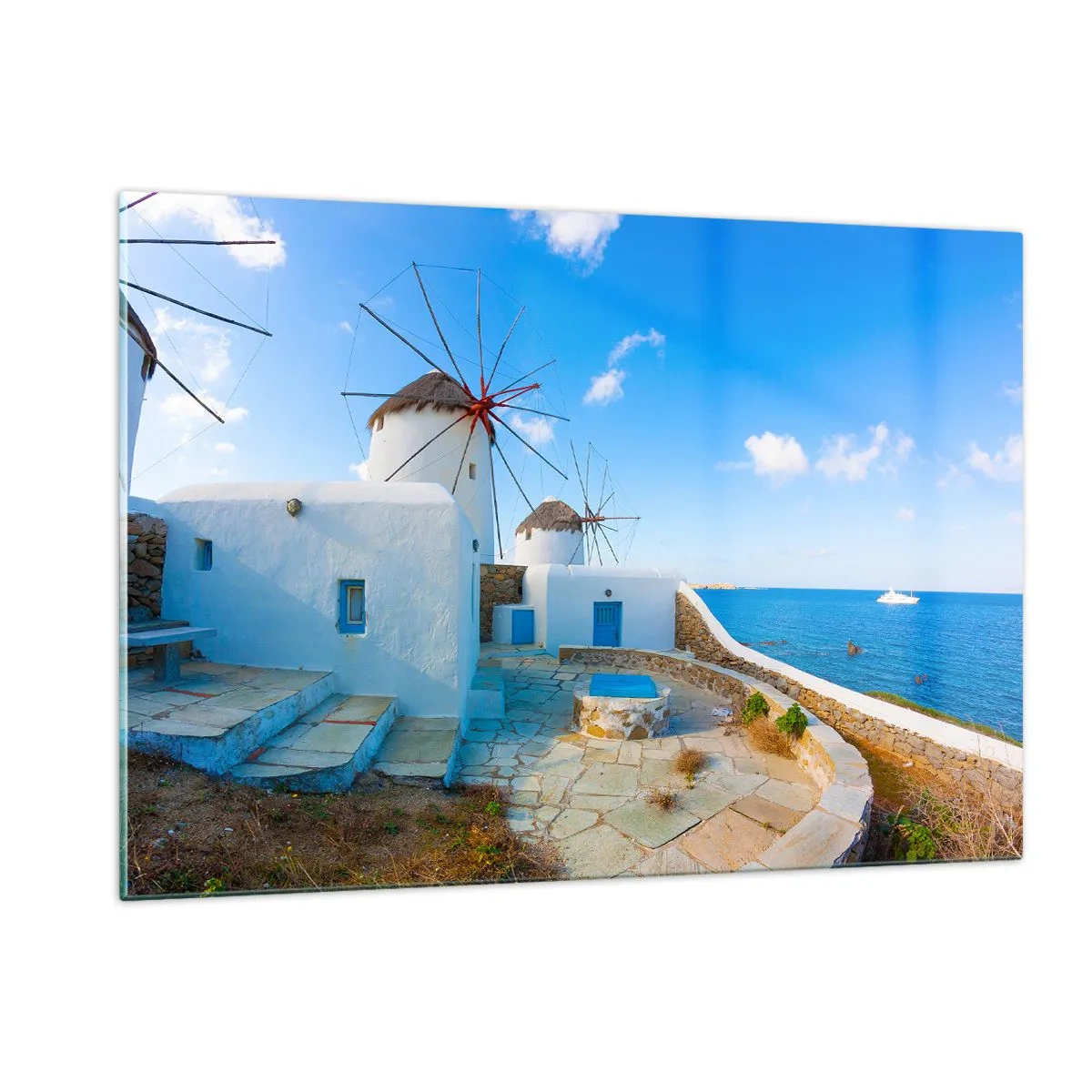 Cuadro sobre vidrio - Impresiones sobre Vidrio - Molinos de viento en la costa del Egeo - 120x80cm - Viento azul marino - Decoración de pared moderna para salón y dormitorio ARTTOR