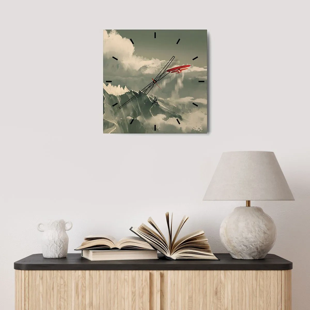Reloj de pared - Reloj de vidrio - Avión rojo sobre montañas nevadas - 30x30cm - Pionero sin miedo - Decoración de pared moderna para salón y dormitorio ARTTOR