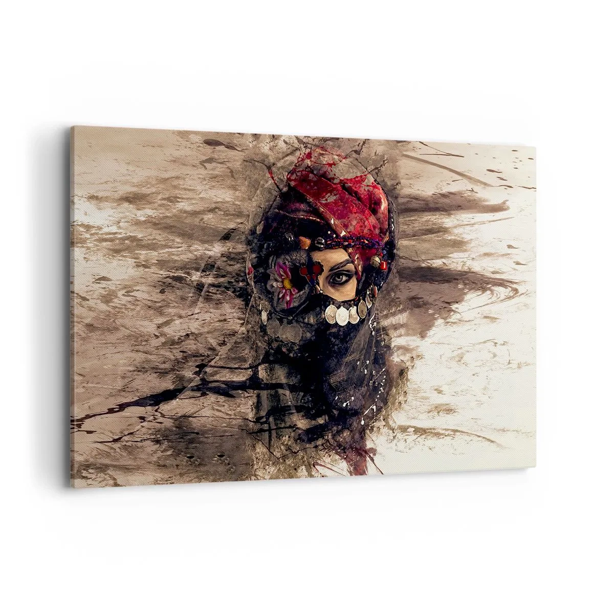 Cuadro sobre lienzo - Impresión de Imagen - Retrato artístico de una mujer con atuendo oriental sobre un fondo abstracto. - 120x80cm - Inquietante, como mínimo - Decoración de pared moderna para salón y dormitorio ARTTOR