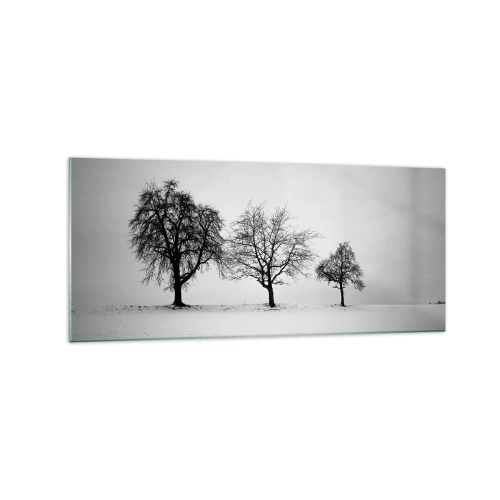 Cuadro sobre vidrio - Impresiones sobre Vidrio - Tres árboles en un campo nevado en estilo monocromático. - 120x50cm - ¿Con qué sueñan? - Decoración de pared moderna para salón y dormitorio ARTTOR