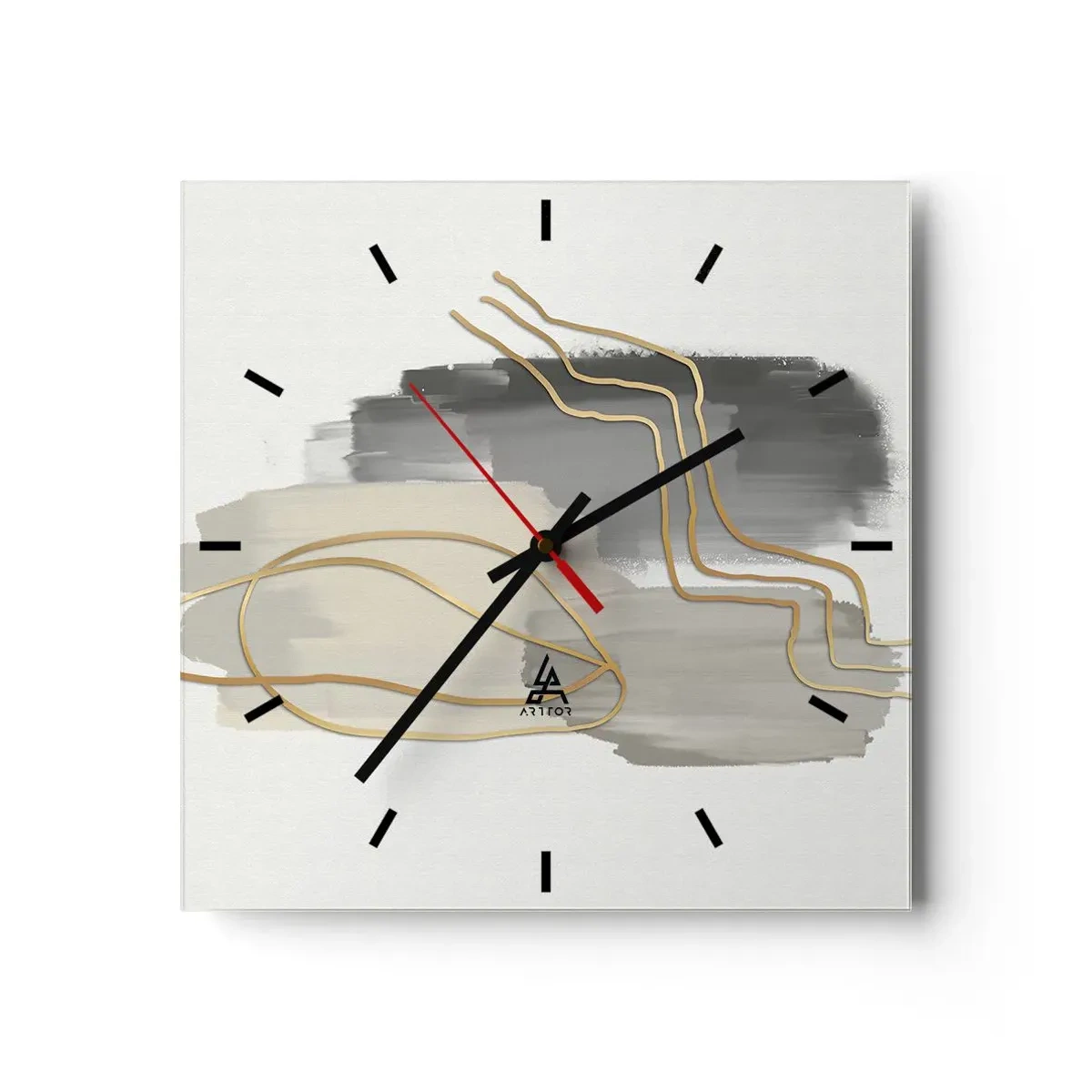 Reloj de pared - Reloj de vidrio - Líneas doradas abstractas sobre un fondo gris - 30x30cm - Persistencia y movimiento - Decoración de pared moderna para salón y dormitorio ARTTOR