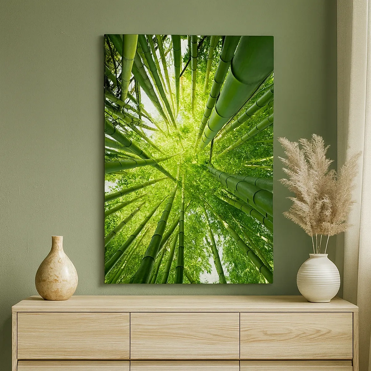 Cuadro sobre lienzo - Impresión de Imagen - Vista hacia arriba a través de un bosque de bambú verde. - 50x70cm - En un bosquecillo de bambú - Decoración de pared moderna para salón y dormitorio ARTTOR