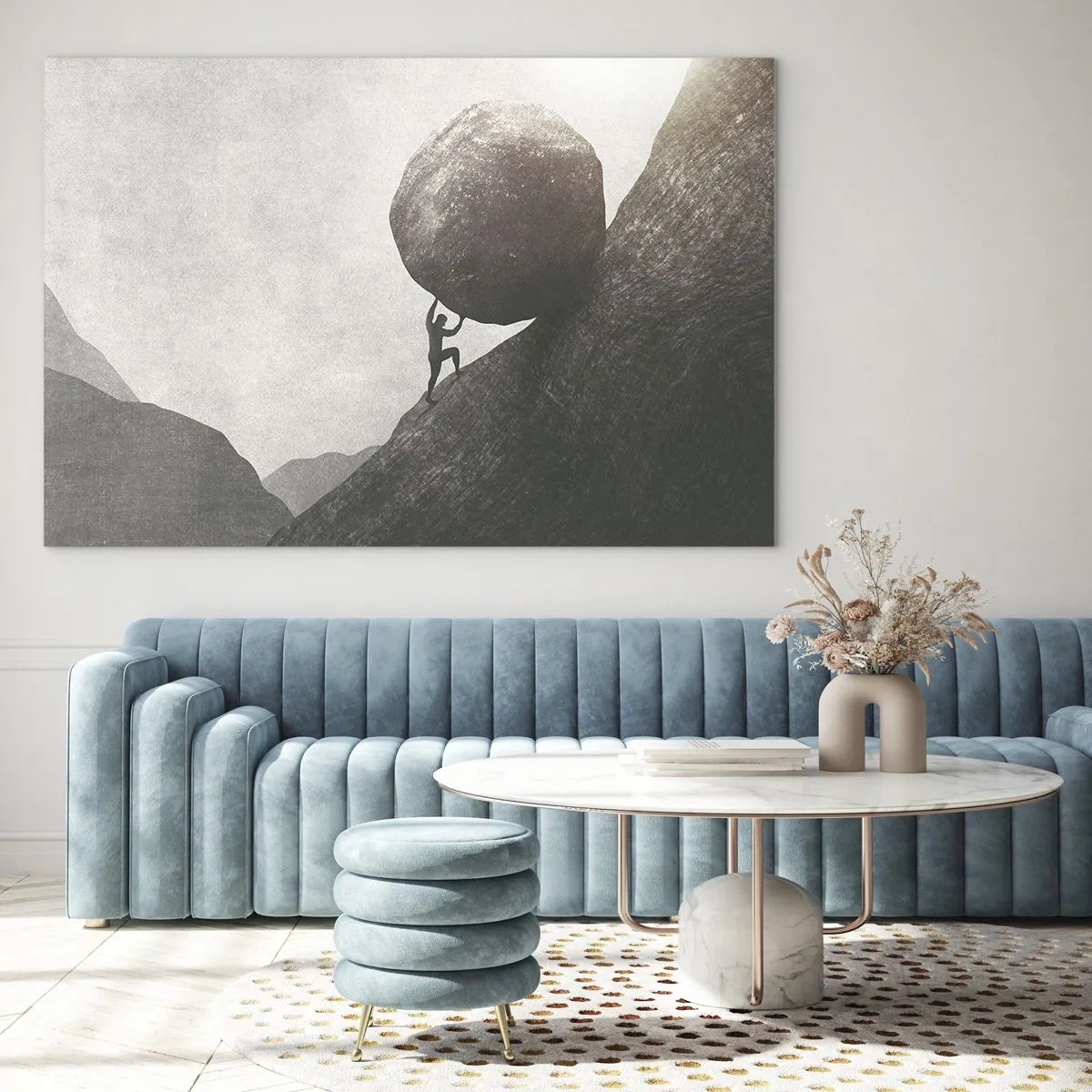 Cuadro sobre vidrio - Impresiones sobre Vidrio - Una figura empujando una roca cuesta arriba contra un paisaje montañoso. - 70x50cm - Creo, contra toda esperanza - Decoración de pared moderna para salón y dormitorio ARTTOR