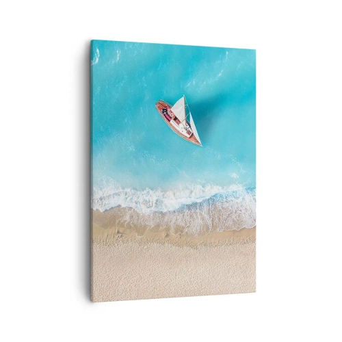 Cuadro sobre lienzo - Impresión de Imagen - Una vista de pájaro de un barco en la playa. - 50x70cm - Frontera celeste y dorada - Decoración de pared moderna para salón y dormitorio ARTTOR