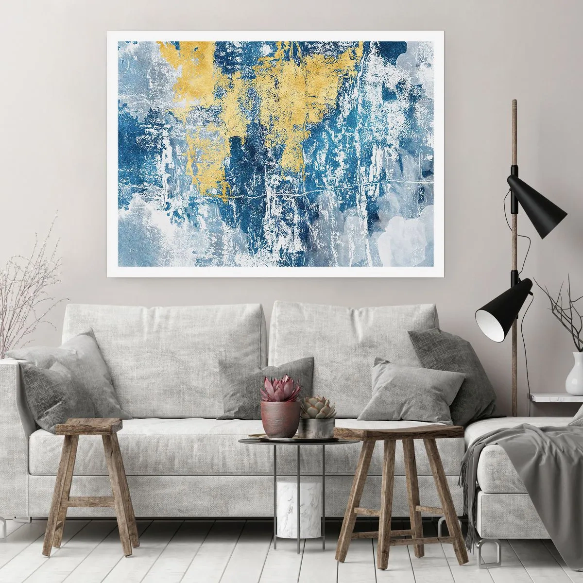 Póster - Abstracción en tonos azules y amarillos - 100x70cm - Una abstracción serena - Decoración de pared moderna para salón y dormitorio ARTTOR
