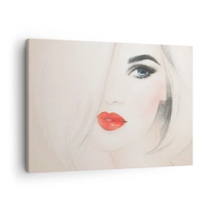 Cuadro sobre lienzo - Impresión de Imagen - Un retrato minimalista de una mujer con ojos azules y labios rojos. - 70x50cm - Hipnotiza y embriaga - Decoración de pared moderna para salón y dormitorio ARTTOR