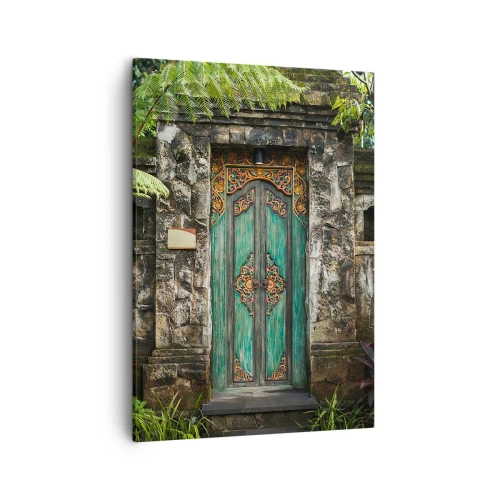 Cuadro sobre lienzo - Impresión de Imagen - Puertas decorativas rodeadas de vegetación tropical. - 50x70cm - Una puerta a un mundo exótico - Decoración de pared moderna para salón y dormitorio ARTTOR