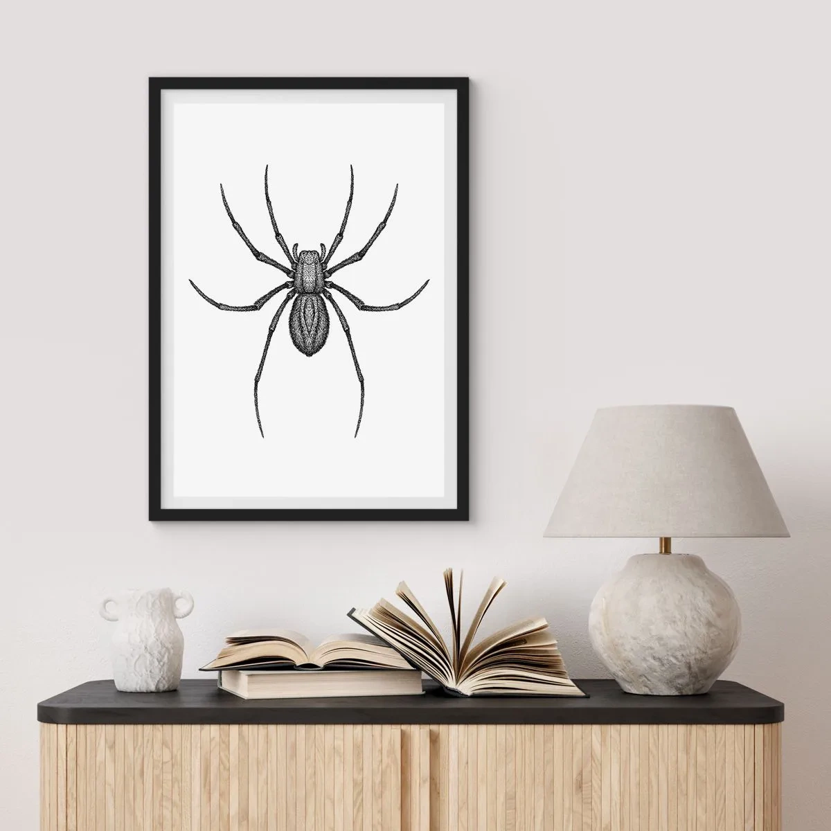 Póster en marco negro - Ilustración detallada de una araña sobre un fondo blanco. - 50x70cm - Precisión inquietante - Decoración de pared moderna para salón y dormitorio ARTTOR