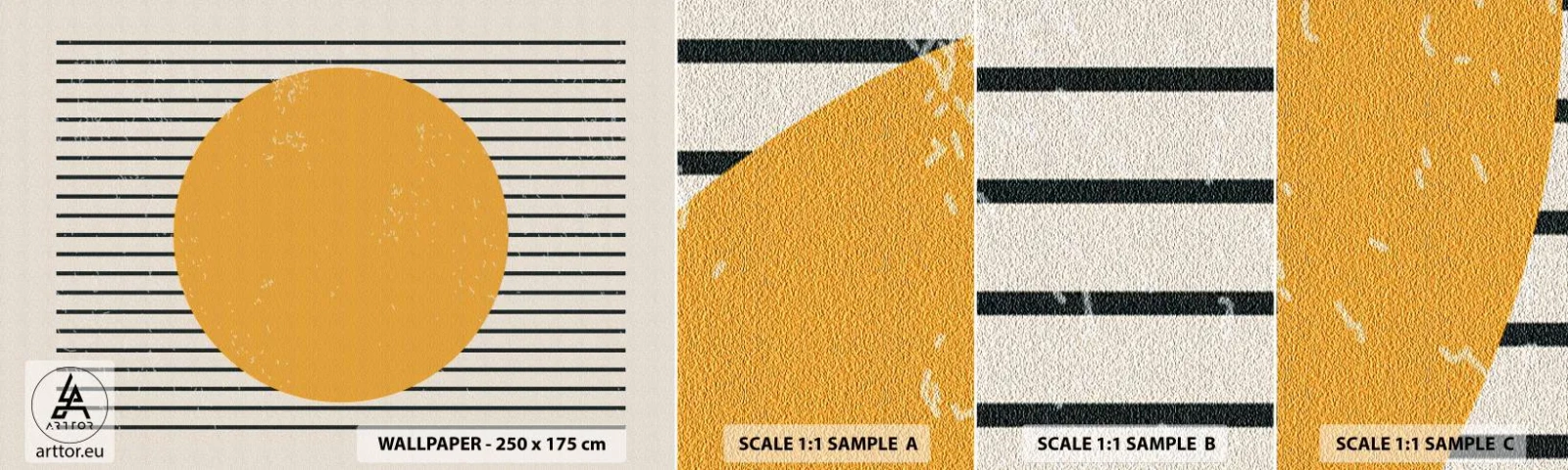 Muestra de fotomural autoadhesivo Deluxe Sticker - El poder de la sencillez - Sol, Rueda, Líneas - 100x30 cm