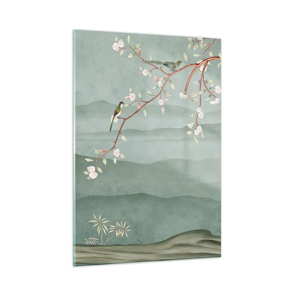 Cuadro sobre vidrio - Impresiones sobre Vidrio - Una rama con flores y pájaros sobre un fondo de colinas verdes. - 50x70cm - Primavera, ah, eres tú - Decoración de pared moderna para salón y dormitorio ARTTOR