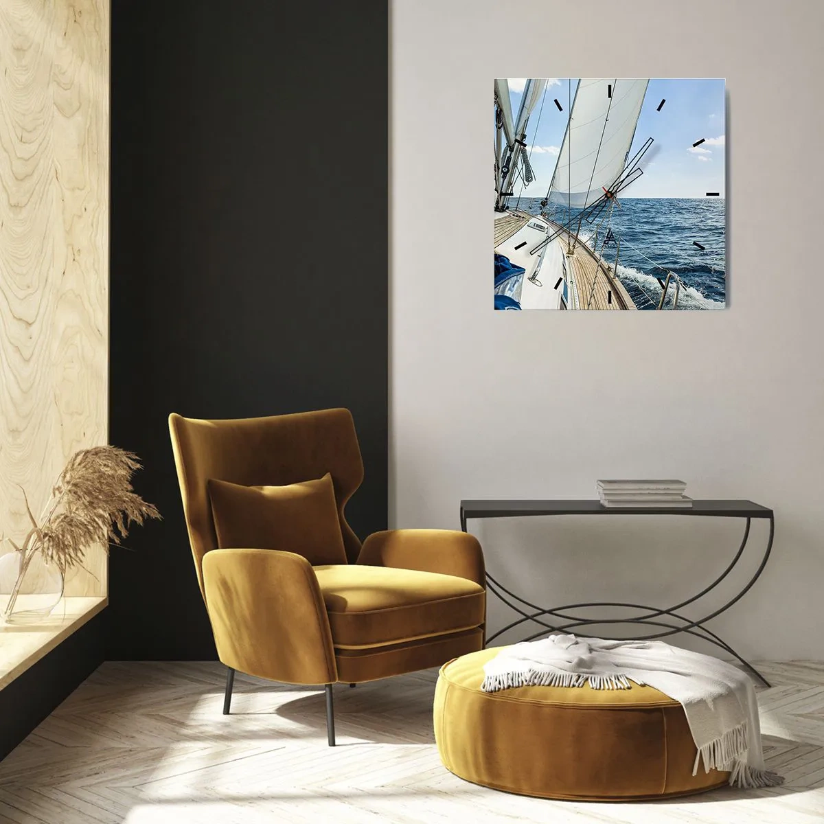 Reloj de pared - Reloj de vidrio - Un velero en un mar tranquilo bajo un cielo azul. - 30x30cm - Ahoy, a la aventura - Decoración de pared moderna para salón y dormitorio ARTTOR