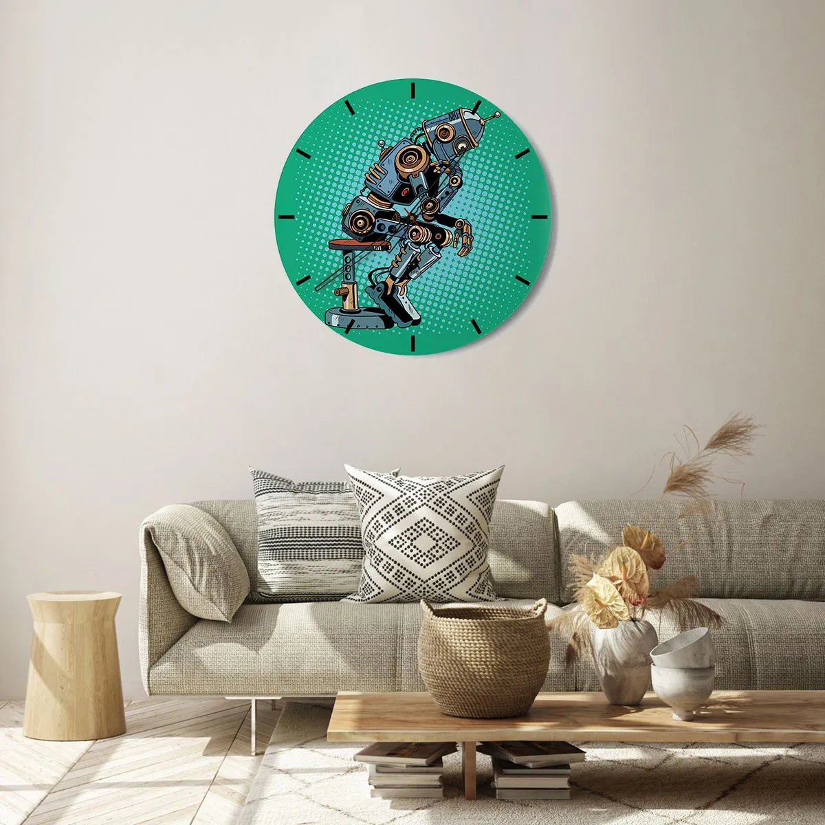 Reloj de pared - Reloj de vidrio - Un robot en pose de pensador sobre un fondo verde. - 30x30cm - Sobre la esencia del ser - Decoración de pared moderna para salón, cocina y dormitorio ARTTOR
