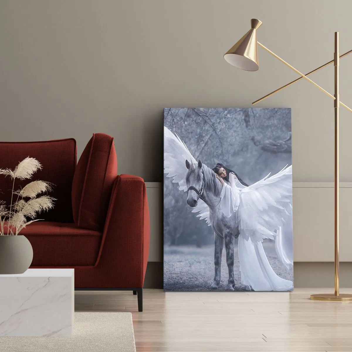Cuadro sobre lienzo - Impresión de Imagen - Una mujer en un caballo blanco con alas en un bosque mágico. - 50x70cm - Un momento de inspiración - Decoración de pared moderna para salón y dormitorio ARTTOR