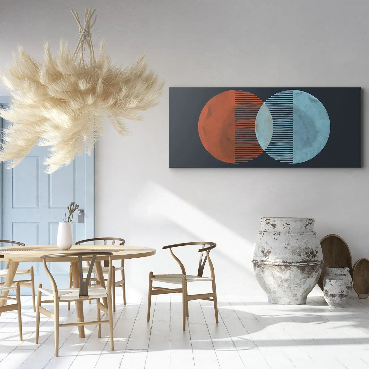 Cuadro sobre lienzo - Impresión de Imagen - Dos círculos naranjas y azules sobre un fondo oscuro. - 120x50cm - Fantasía astronómica - Decoración de pared moderna para salón y dormitorio ARTTOR
