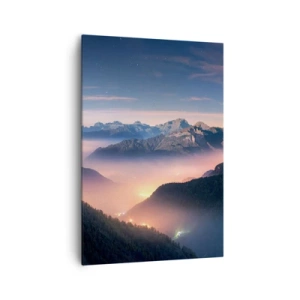 Cuadro sobre lienzo - Impresión de Imagen - Un paisaje de montaña con un valle lleno de niebla. - 70x100cm - Luz en los valles - Decoración de pared moderna para salón y dormitorio ARTTOR