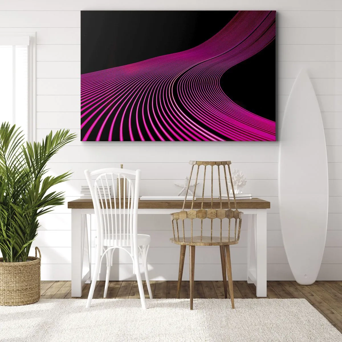 Cuadro sobre lienzo - Impresión de Imagen - Líneas futuristas en tonos rosa sobre fondo negro. - 70x50cm - Avenida de luz - Decoración de pared moderna para salón y dormitorio ARTTOR