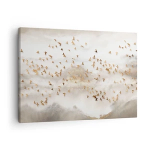 Cuadro sobre lienzo - Impresión de Imagen - Pájaros dorados contra las montañas brumosas - 70x50cm - Es hora... - Decoración de pared moderna para salón y dormitorio ARTTOR