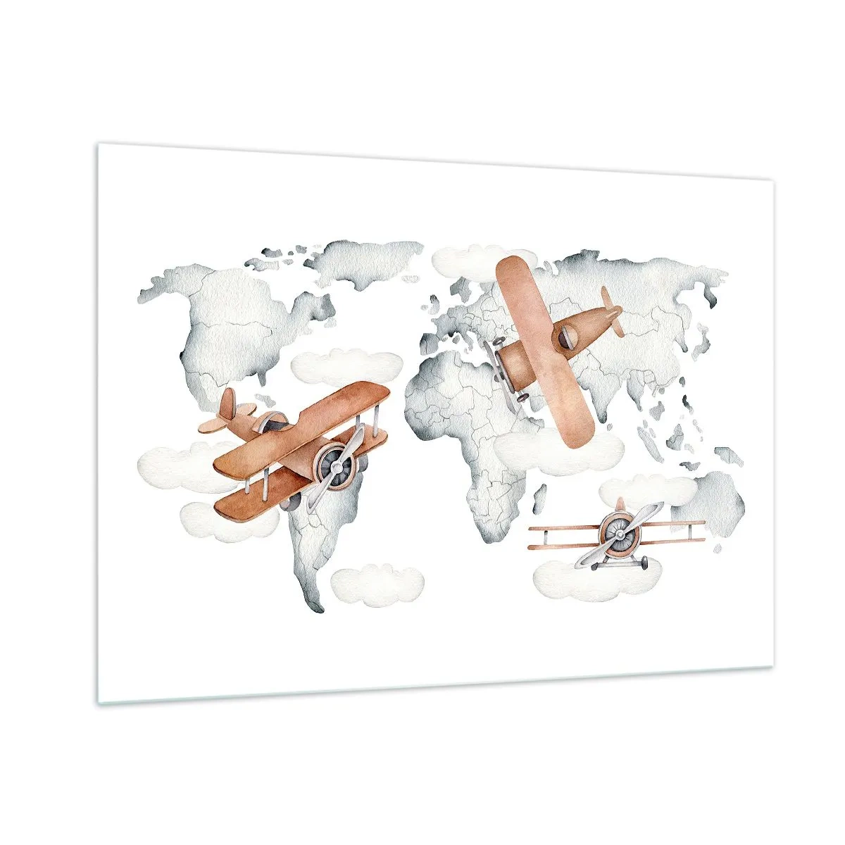 Cuadro sobre vidrio - Impresiones sobre Vidrio - Mapa del mundo de aviones retro para niños - 100x70cm - Con espíritu pionero - Decoración de pared moderna para salón y dormitorio ARTTOR