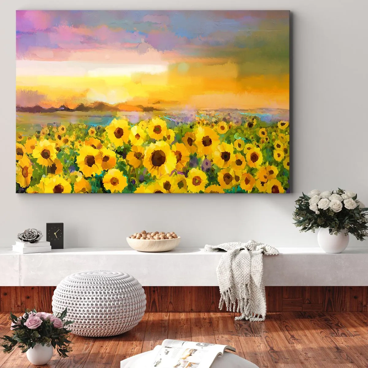 Cuadro sobre lienzo - Impresión de Imagen - Un campo de girasoles a la luz del sol poniente. - 70x50cm - El propio sol ha bajado a la Tierra - Decoración de pared moderna para salón y dormitorio ARTTOR