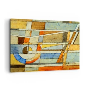 Cuadro sobre lienzo - Impresión de Imagen - Abstracción geométrica en tonos beige, azul y naranja. - 100x70cm - Cubismo en una obra - Decoración de pared moderna para salón y dormitorio ARTTOR