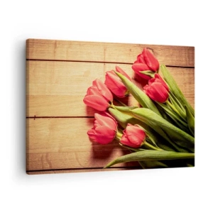 Cuadro sobre lienzo - Impresión de Imagen - Un ramo de tulipanes rosas sobre un fondo de madera. - 70x50cm - Una confesión primaveral - Decoración de pared moderna para salón y dormitorio ARTTOR