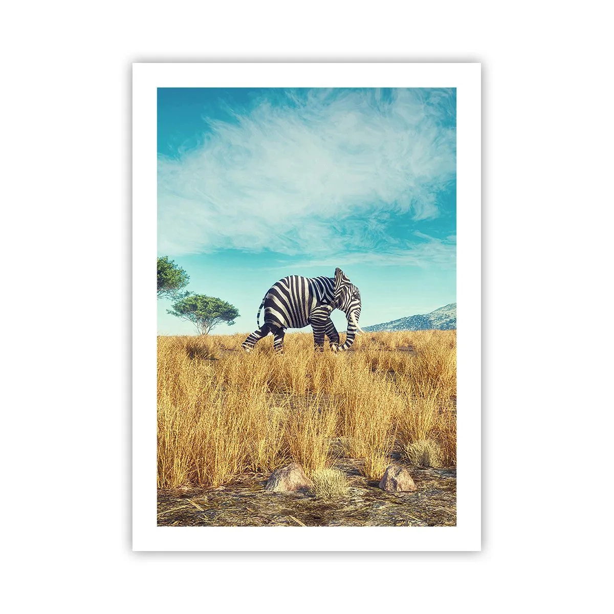 Póster - Una cebra con cuerpo de elefante con el telón de fondo de la sabana africana. - 50x70cm - El gris ya no está de moda - Decoración de pared moderna para salón y dormitorio ARTTOR