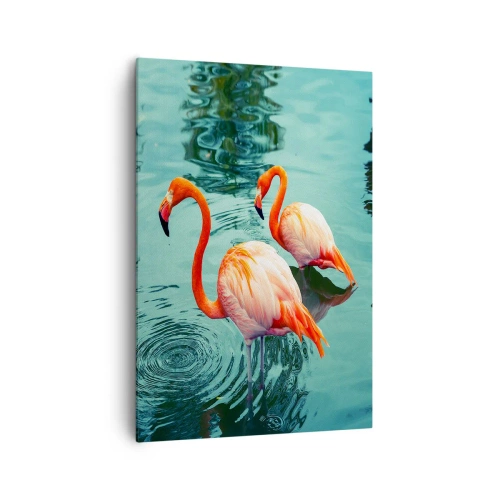 Cuadro sobre lienzo - Impresión de Imagen - Dos flamencos en el agua tranquila reflejando su entorno. - 70x100cm - Estamos de moda - Decoración de pared moderna para salón y dormitorio ARTTOR