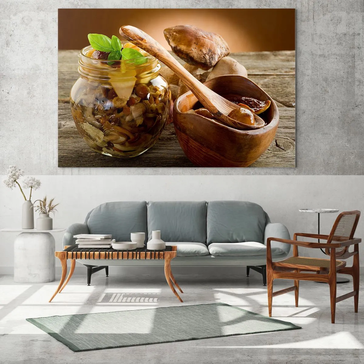 Cuadro sobre vidrio - Impresiones sobre Vidrio - Champiñones encurtidos en un tarro con un cuenco de madera y champiñones sobre la mesa al fondo - 120x80cm - Ya sea fresco, o salado, o de temporada de otoño.... - Decoración de pared moderna para salón y d