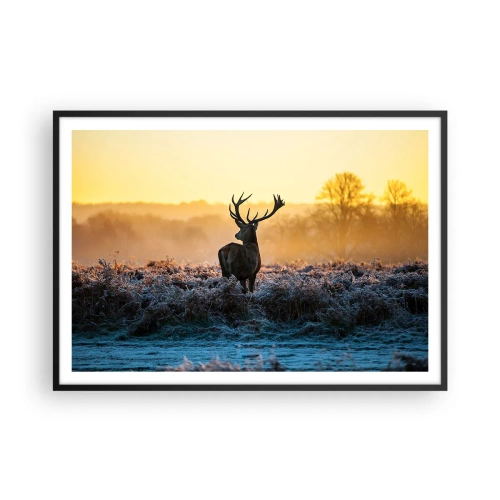 Póster en marco negro - Un ciervo en un claro helado al amanecer. - 100x70cm - Coronado en sus propios dominios - Decoración de pared moderna para salón y dormitorio ARTTOR