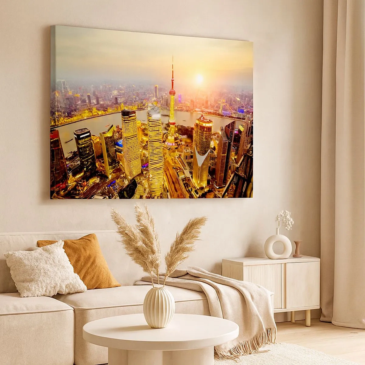 Cuadro sobre lienzo - Impresión de Imagen - Panorama de la ciudad con rascacielos al atardecer - 70x50cm - Sueño asiático - Decoración de pared moderna para salón y dormitorio ARTTOR