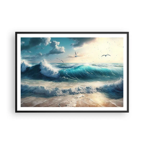 Póster en marco negro - Olas del mar en la playa bajo un cielo azul con gaviotas - 100x70cm - La brisa solo para ti - Decoración de pared moderna para salón y dormitorio ARTTOR