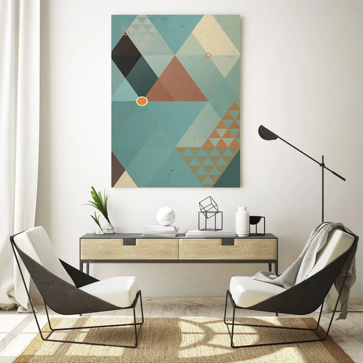 Cuadro sobre vidrio - Impresiones sobre Vidrio - Geometría en tonos turquesa y marrón con triángulos. - 50x70cm - Uno para todos y todos para uno - Decoración de pared moderna para salón y dormitorio ARTTOR