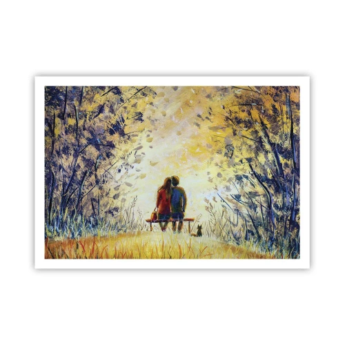 Póster - Una pareja sentada en un banco entre árboles otoñales bajo la luz del sol. - 100x70cm - Un momento mágico - Decoración de pared moderna para salón y dormitorio ARTTOR